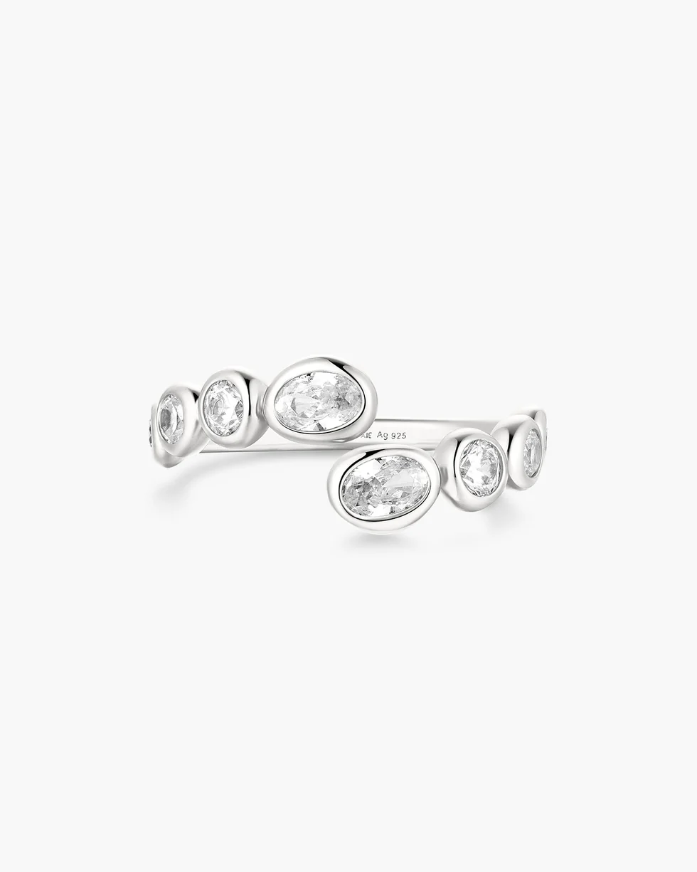 Silver Organic Pebble Spiral Bezel Adjustable Ring R076-01H