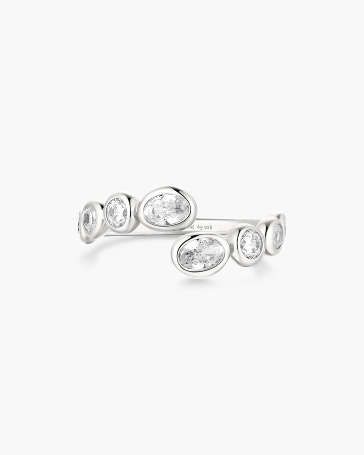 Silver Organic Pebble Spiral Bezel Adjustable Ring R076-01H