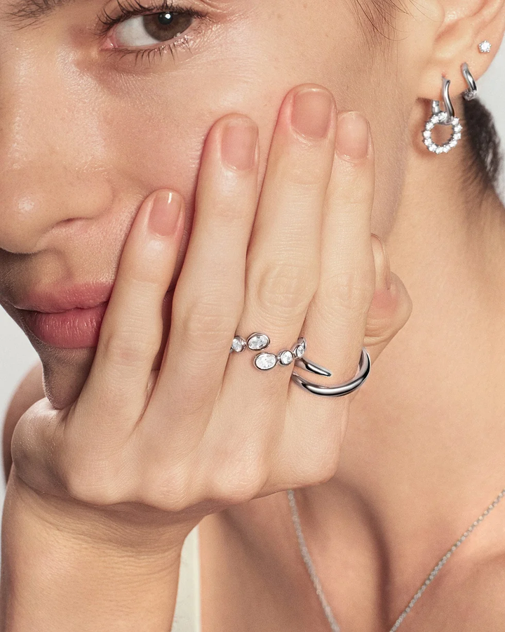 Silver Organic Pebble Spiral Bezel Adjustable Ring R076-01H