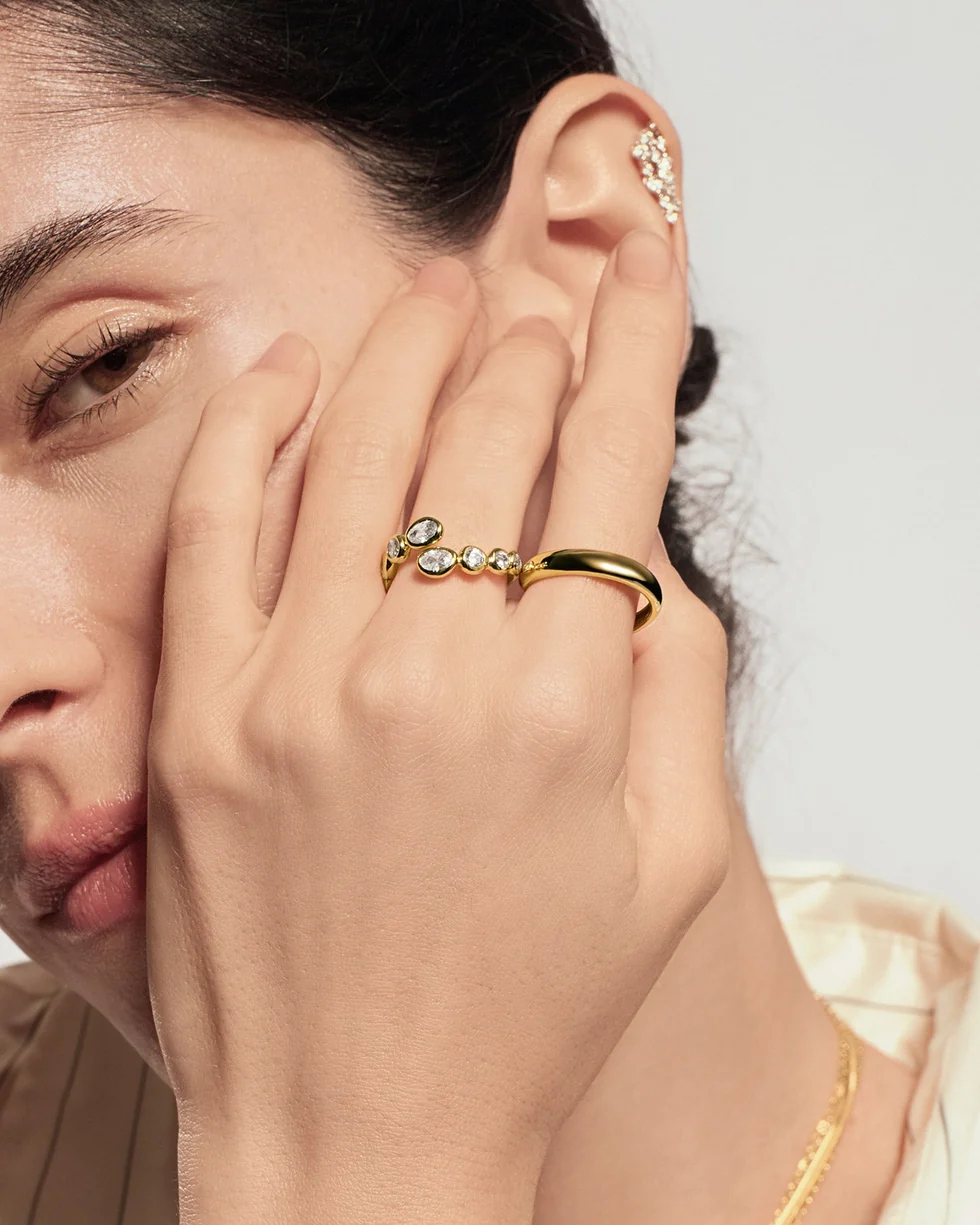 Gold Organic Pebble Spiral Bezel Adjustable Ring R076-01G