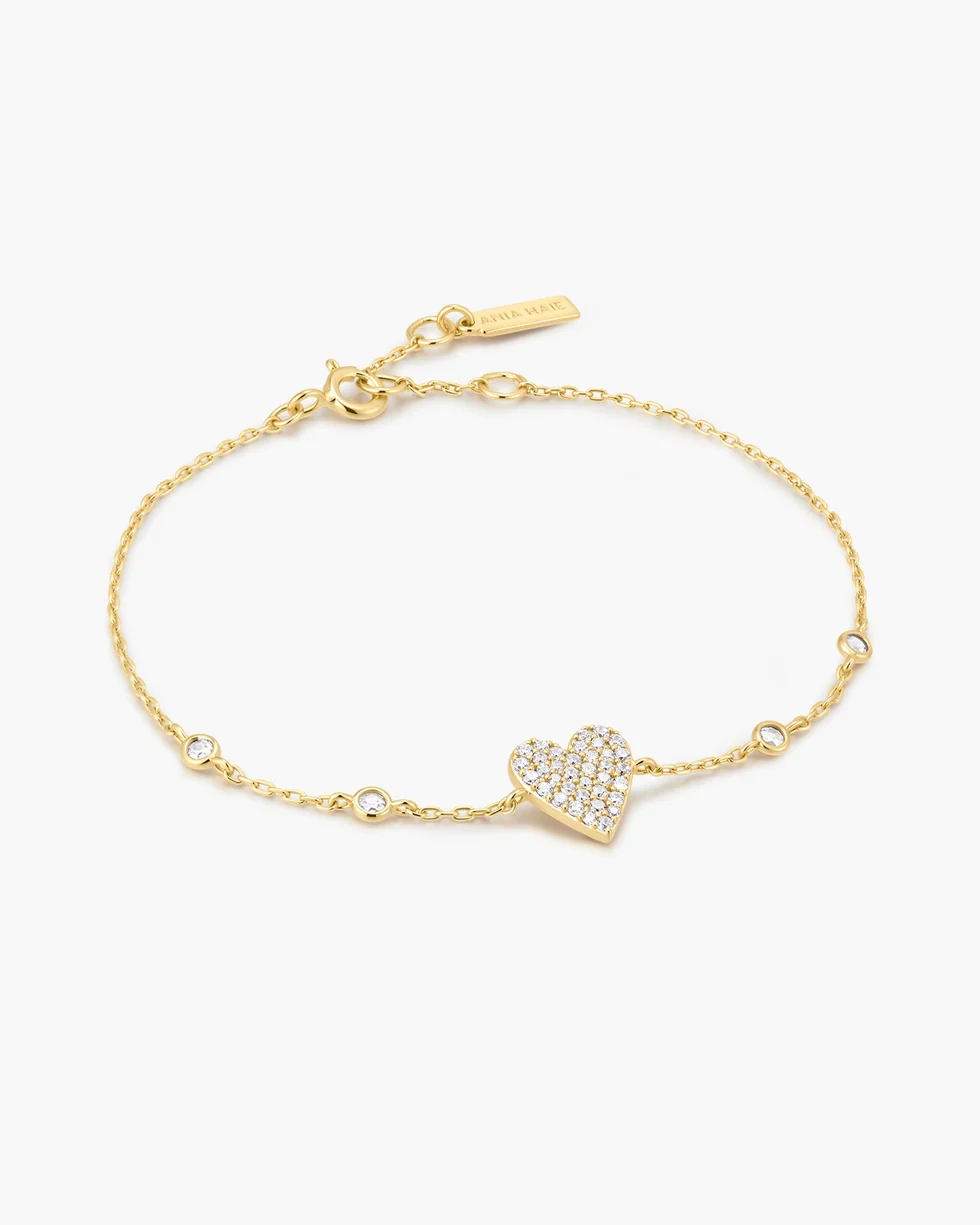 Gold Pave Heart with Bezel Station Bracelet B076-02G
