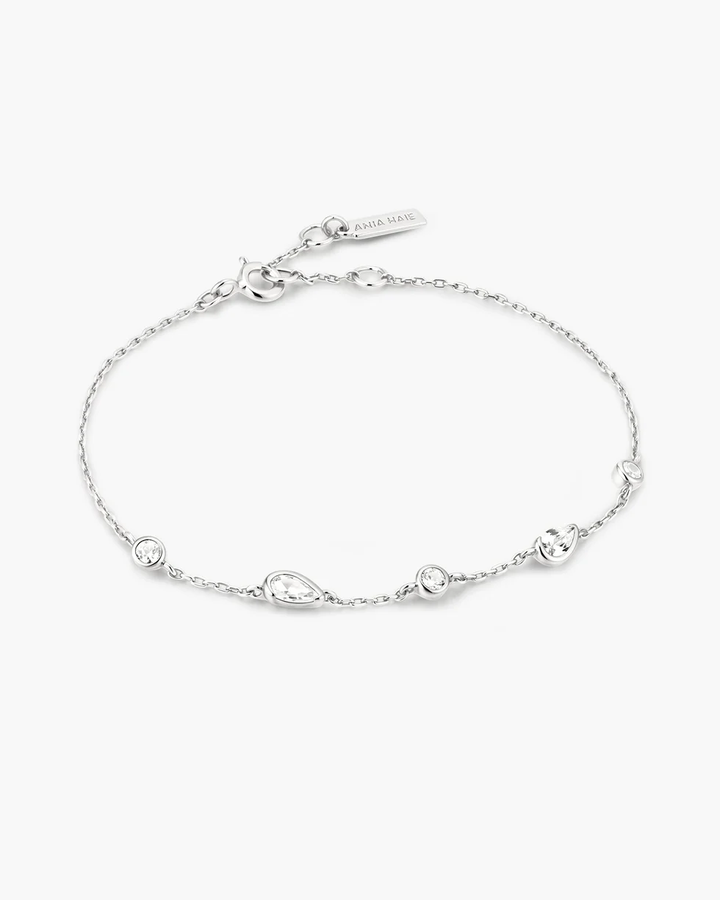 Silver Round & Teardrop Bezel Station Bracelet B076-03H