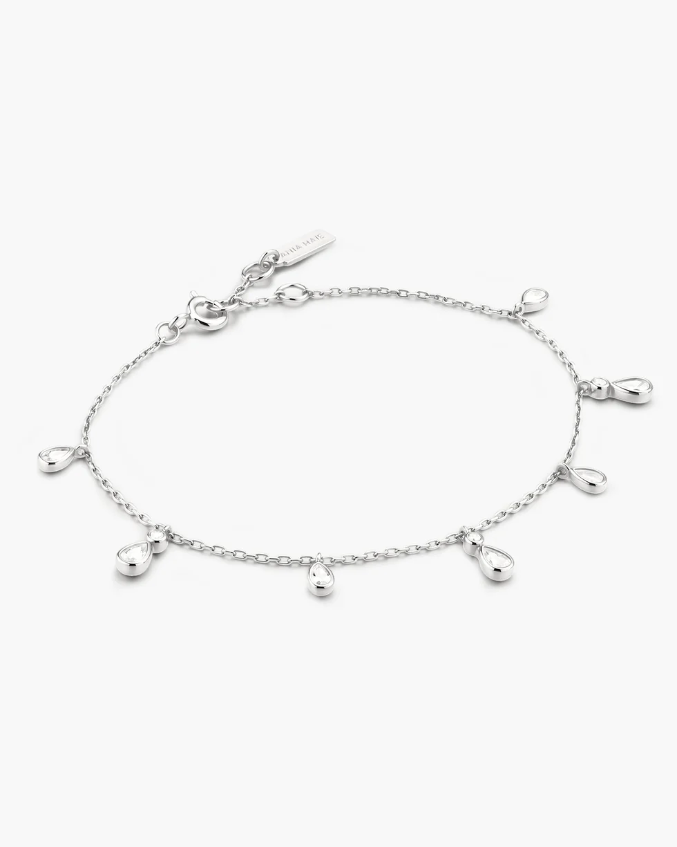 Silver Bezel-Set Teardrop Dangle Station Bracelet B076-06H