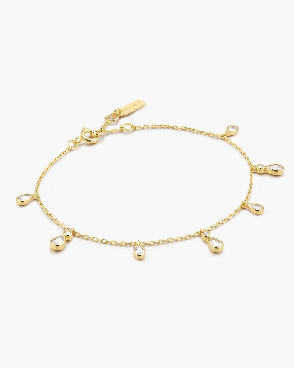 Gold Bezel-Set Teardrop Dangle Station Bracelet B076-06G