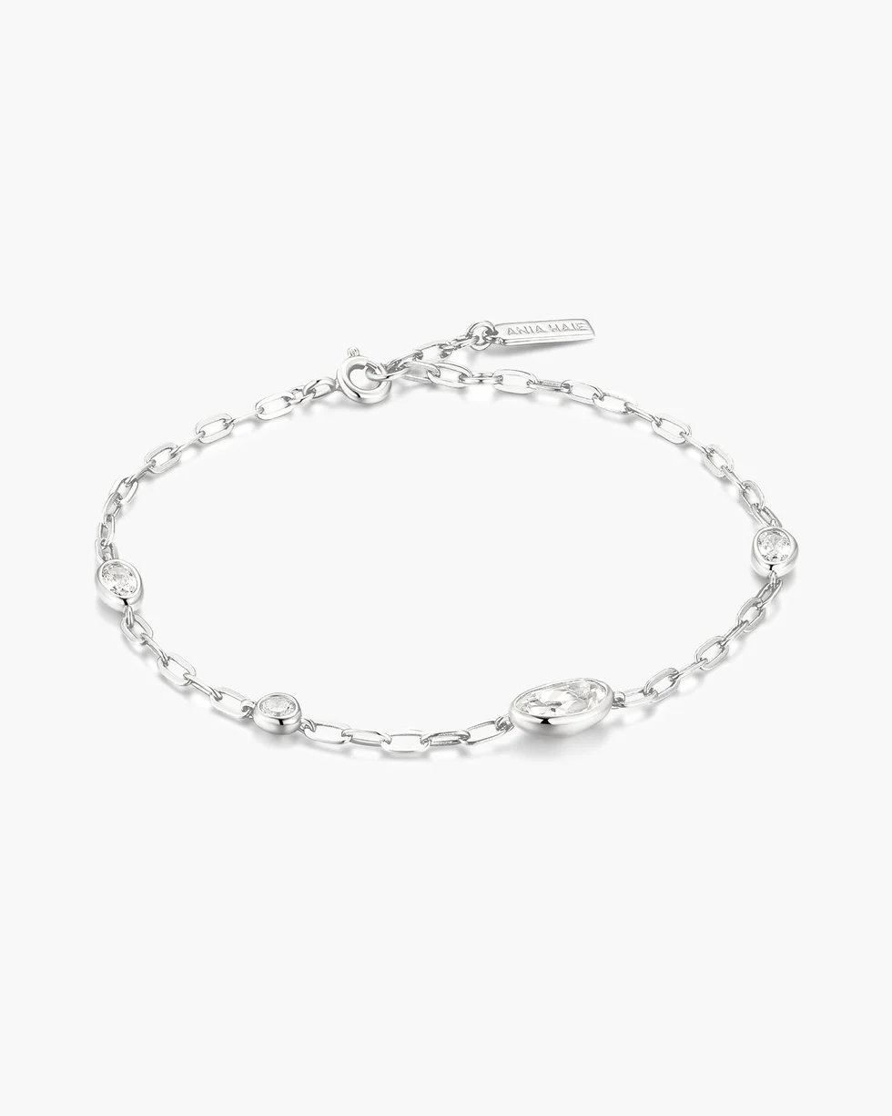 Silver Bezel Organic Dome Pebble Station Bracelet B076-08H