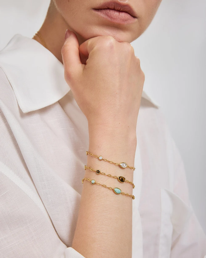 Gold Bezel Organic Dome Pebble Station Bracelet B076-08G
