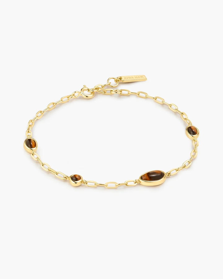 Gold Bezel Tiger's Eye Organic Dome Pebble Station Bracelet B076-09G-TE