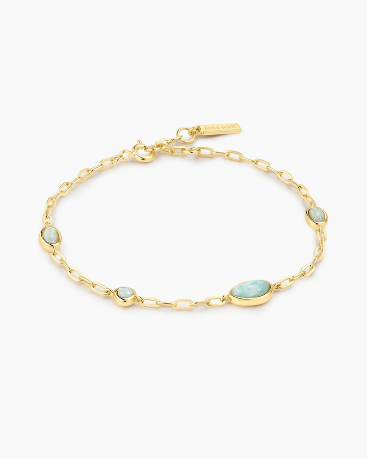 Gold Bezel Amazonite Organic Dome Pebble Station Bracelet B076-09G-AE