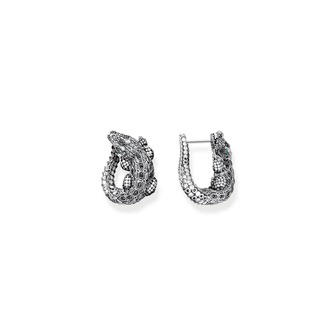 HOOP EARRINGS CROCODILE WITH STONES SILVER BLACKENED TH2262