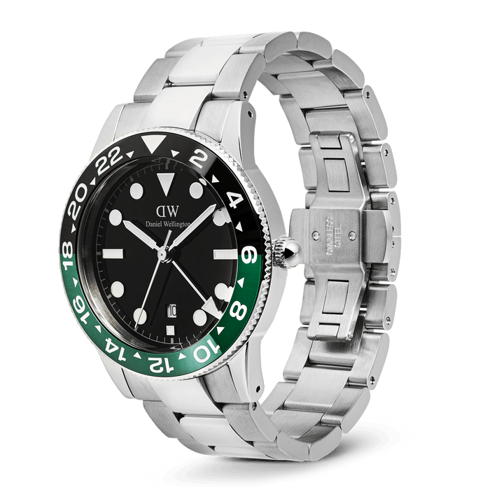 Daniel Wellington Iconic GMT Link Black Green Ceramic Bezel Silver DW00100920