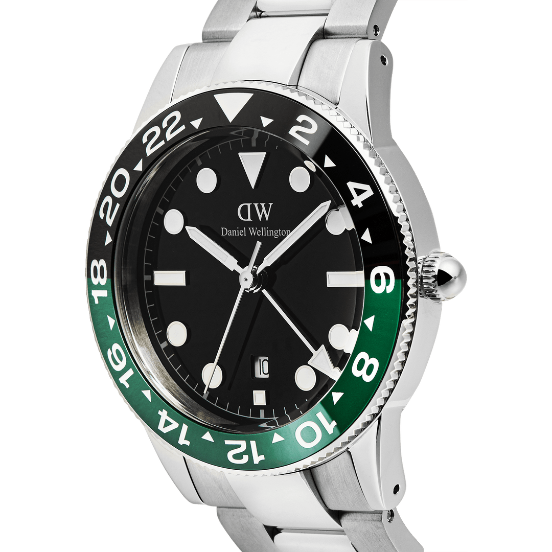 Daniel Wellington Iconic GMT Link Black Green Ceramic Bezel Silver DW00100920