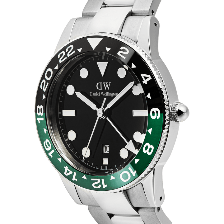 Daniel Wellington Iconic GMT Link Black Green Ceramic Bezel Silver DW00100920