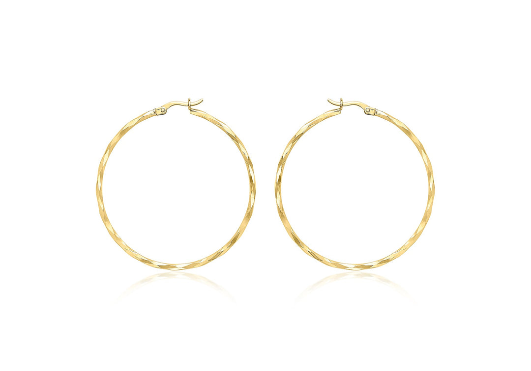 9K Yellow Gold Diamond Cut Hoop Earrings 42mm