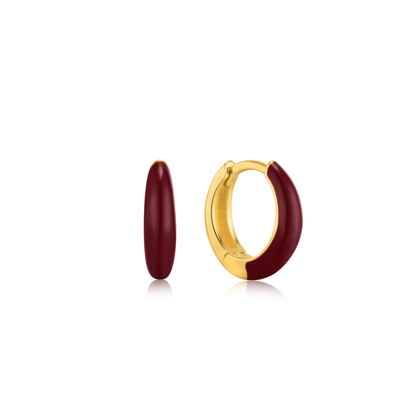 Ania Haie Claret Red Enamel Gold Sleek Huggie Hoop Earrings