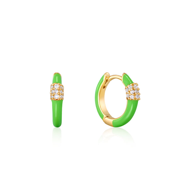Ania Haie Neon Green Enamel Carabiner Gold Huggie Hoop Earrings E040-01G-NG
