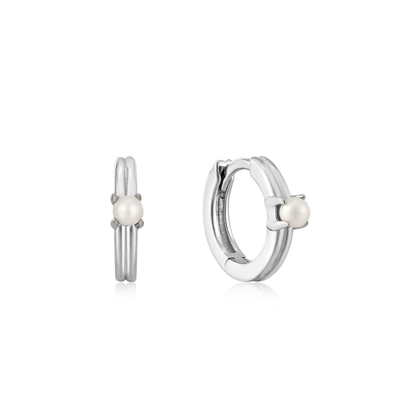 Ania Haie Silver Pearl Cabochon Huggie Hoop Earrings E043-03H