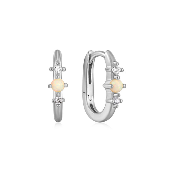 Silver Kyoto Opal Oval Huggie Hoop Earrings E047-01H