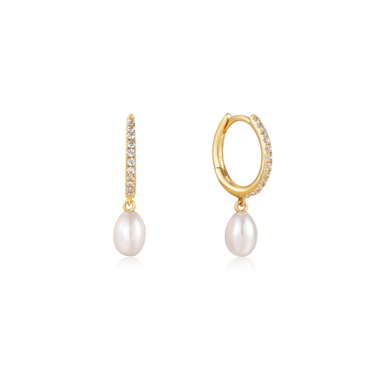 Ania Haie 14kt Gold Pearl Drop and White Sapphire Huggie Hoop Earrings EAU003-03YG