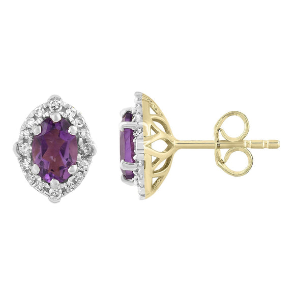 Amethyst Earrings with 0.15ct Diamonds in 9K Yellow Gold