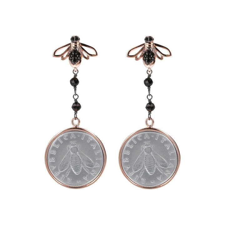 Bronzallure Lira and Bee Dangling Earrings Black Spinel