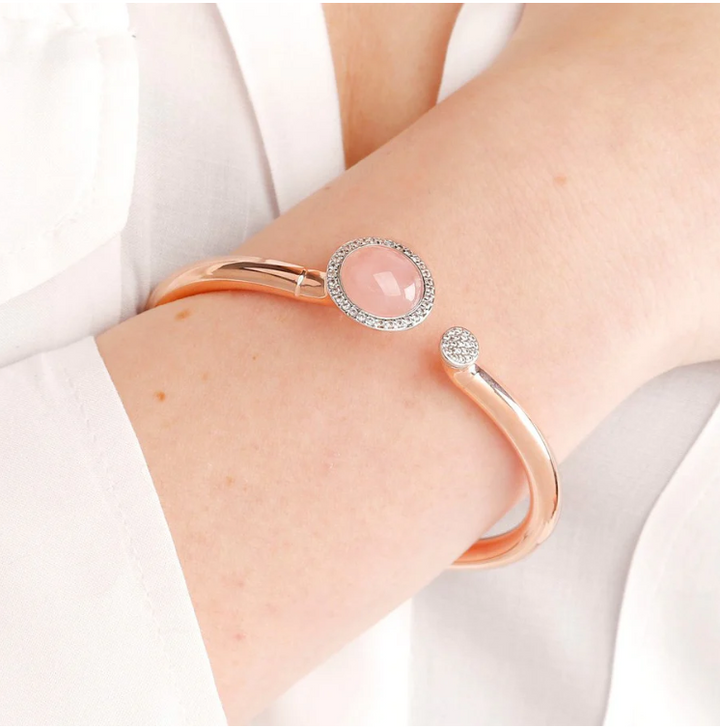 Bronzallure Preziosa Natural Rose Quartz Stone and Cubic Zirconia Cuff Bracelet WSBZ00579.R