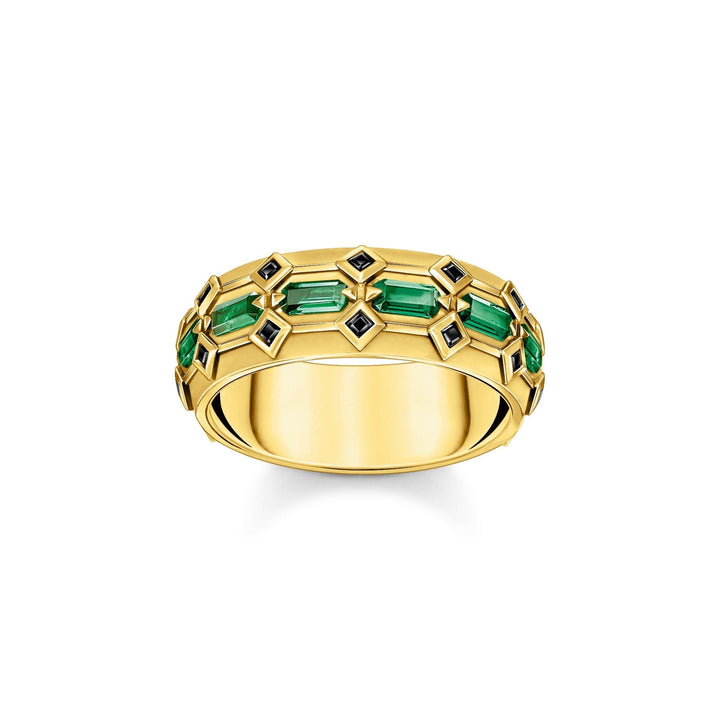 THOMAS SABO Wide Gold Plated Crocodile Ring with Green Stones TR2422GY