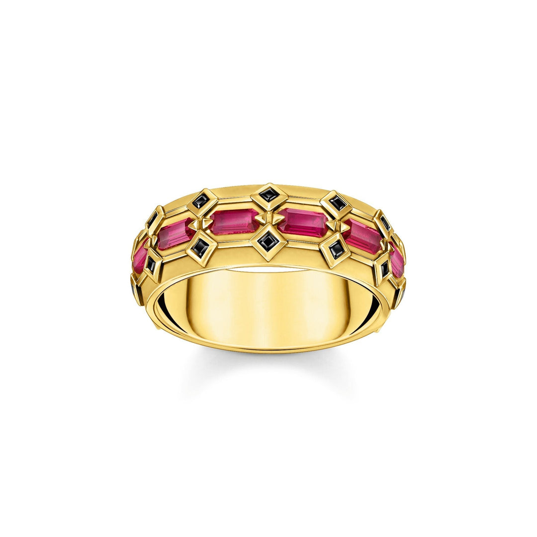 THOMAS SABO Wide Gold Plated Ring in Crocodile Design with Red Stones TR2422RY