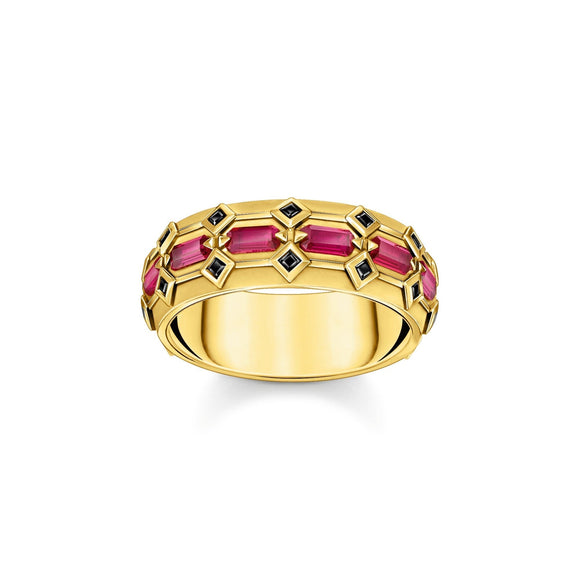THOMAS SABO Wide Gold Plated Ring in Crocodile Design with Red Stones TR2422RY