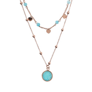 Bronzallure Two Strands Necklace with Natural Stone and Golden Rose Hearts