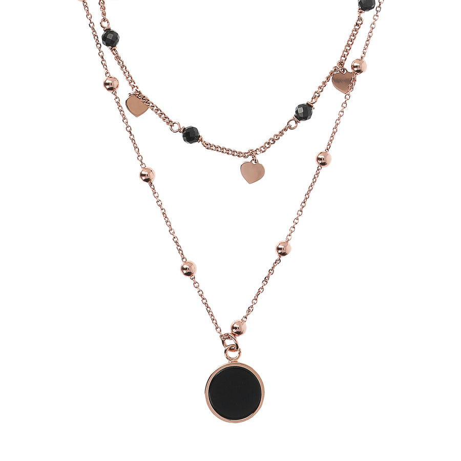 Bronzallure Alba Two Strands Necklace with Natural Black Onyx Stone and Golden Rose Heartz WSBZ01793.BO