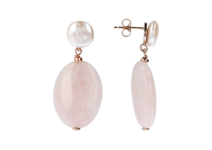 Bronzallure Variegata Pearls and Natural Stones Dangle Earrings Rose Quartz and Freshwater Pearl WSBZ01404.RQ