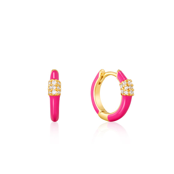 Ania Haie Neon Pink Enamel Carabiner Gold Huggie Hoop Earrings E040-01G-NP