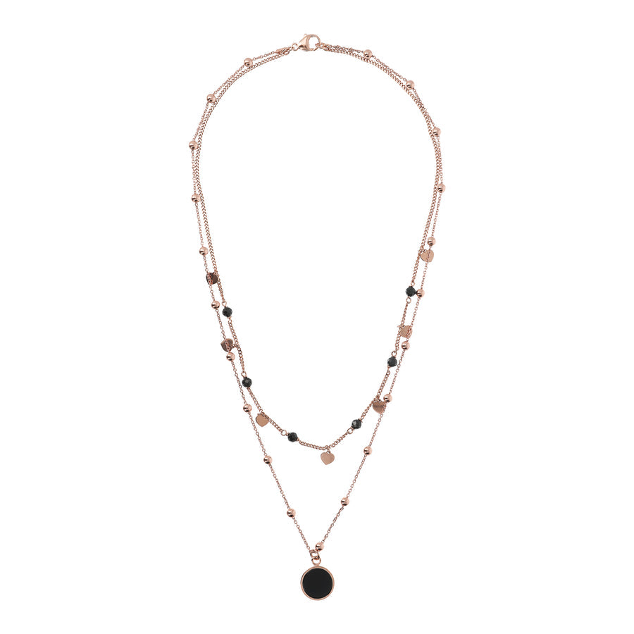 Bronzallure Alba Two Strands Necklace with Natural Black Onyx Stone and Golden Rose Heartz WSBZ01793.BO