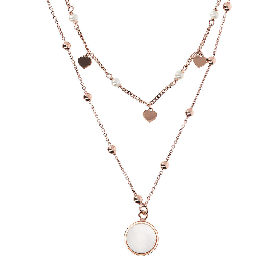 Bronzallure Alba Two Strands Necklace with Natural White Mother of Pearl Stone and Golden Rose Hearts WSBZ01793. WM