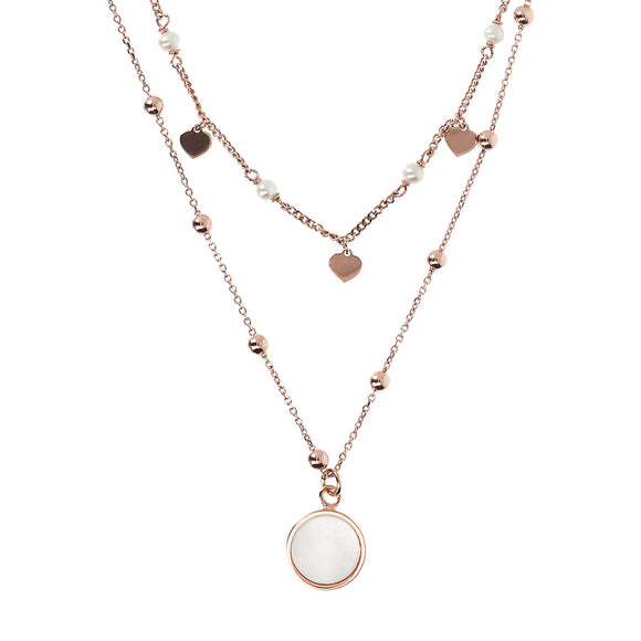 Bronzallure Alba Two Strands Necklace with Natural White Mother of Pearl Stone and Golden Rose Hearts WSBZ01793. WM