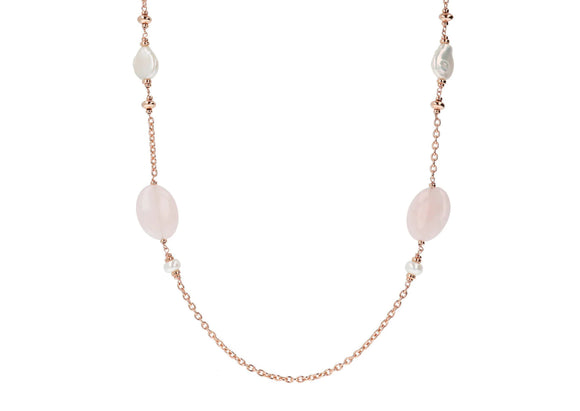 Bronzallure Variegata Pearls and Natural Stones Necklace Rose Quartz and Cultured Freshwater Pearl WSBZ01410.RQ
