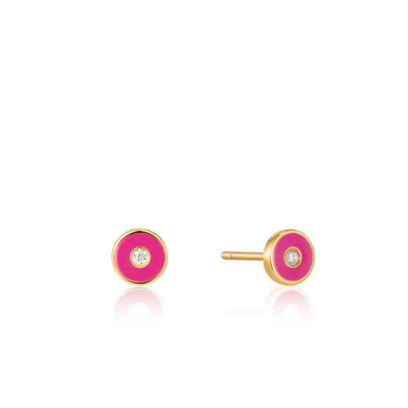Ania Haie Neon Pink Enamel Disk Gold Stud Earrings E040-03G-NP