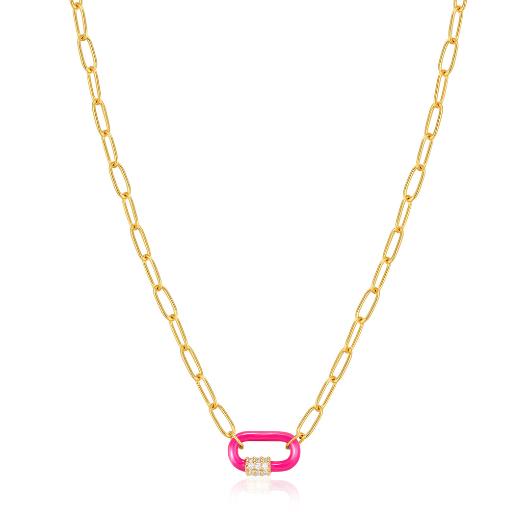 Ania Haie Neon Pink Enamel Carabiner Gold 40-45cm Necklace N040-01G-NP