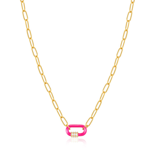 Ania Haie Neon Pink Enamel Carabiner Gold 40-45cm Necklace N040-01G-NP