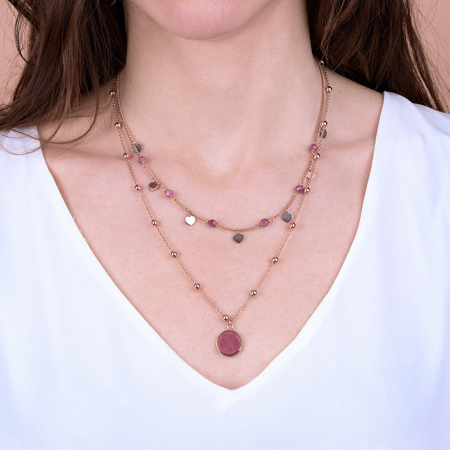 Bronzallure Alba Two Strands Necklace with Natural Red Fossil Wood Stone and Golden Rose Hearts WSBZ01793.RDW