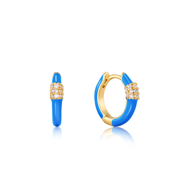 Ania Haie Neon Blue Enamel Carabiner Gold Huggie Hoop Earrings E040-01G-NB