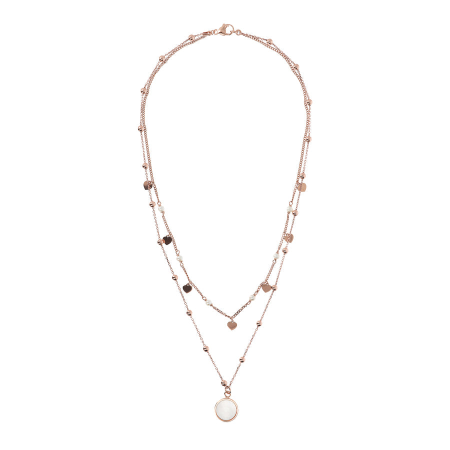 Bronzallure Alba Two Strands Necklace with Natural White Mother of Pearl Stone and Golden Rose Hearts WSBZ01793. WM