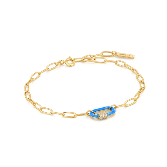 Ania Haie Neon Blue Enamel Carabiner Gold 18.5cm Bracelet B040-01G-NB