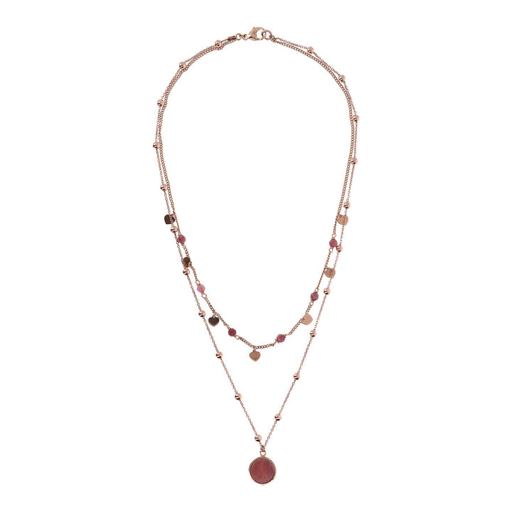 Bronzallure Alba Two Strands Necklace with Natural Red Fossil Wood Stone and Golden Rose Hearts WSBZ01793.RDW