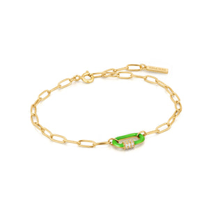 Ania Haie Neon Green Enamel Carabiner Gold 18.5cm Bracelet B040-01G-NG