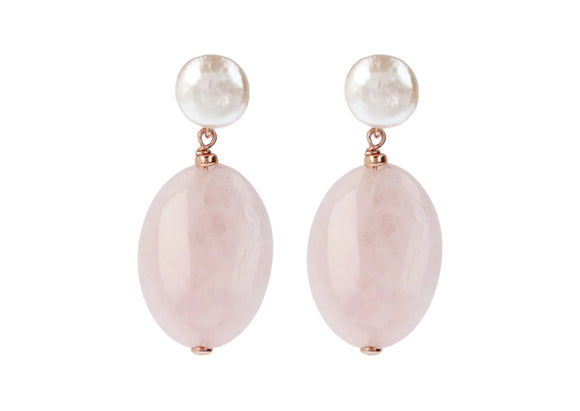 Bronzallure Variegata Pearls and Natural Stones Dangle Earrings Rose Quartz and Freshwater Pearl WSBZ01404.RQ