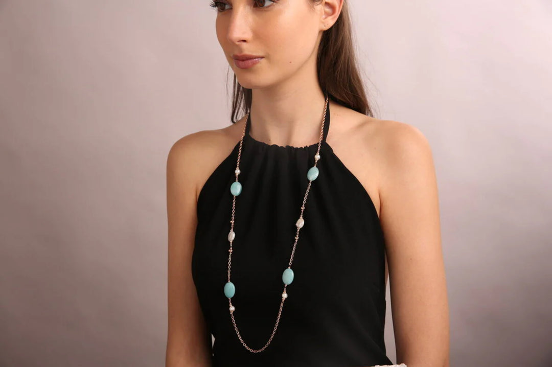 Bronzallure Variegata Pearls and Natural Stones Necklace Amazonite and Cultured Freshwater Pearl WSBZ01410.AZ